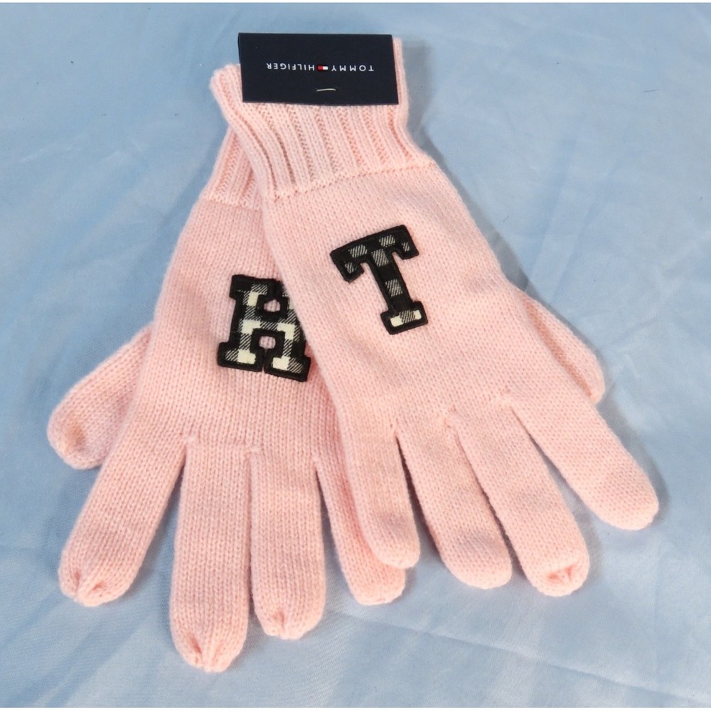 New TOMMY HILFIGER Pink Sweater Knit Gloves BLACK-WHITE PLAID TH LOGO Embroidery